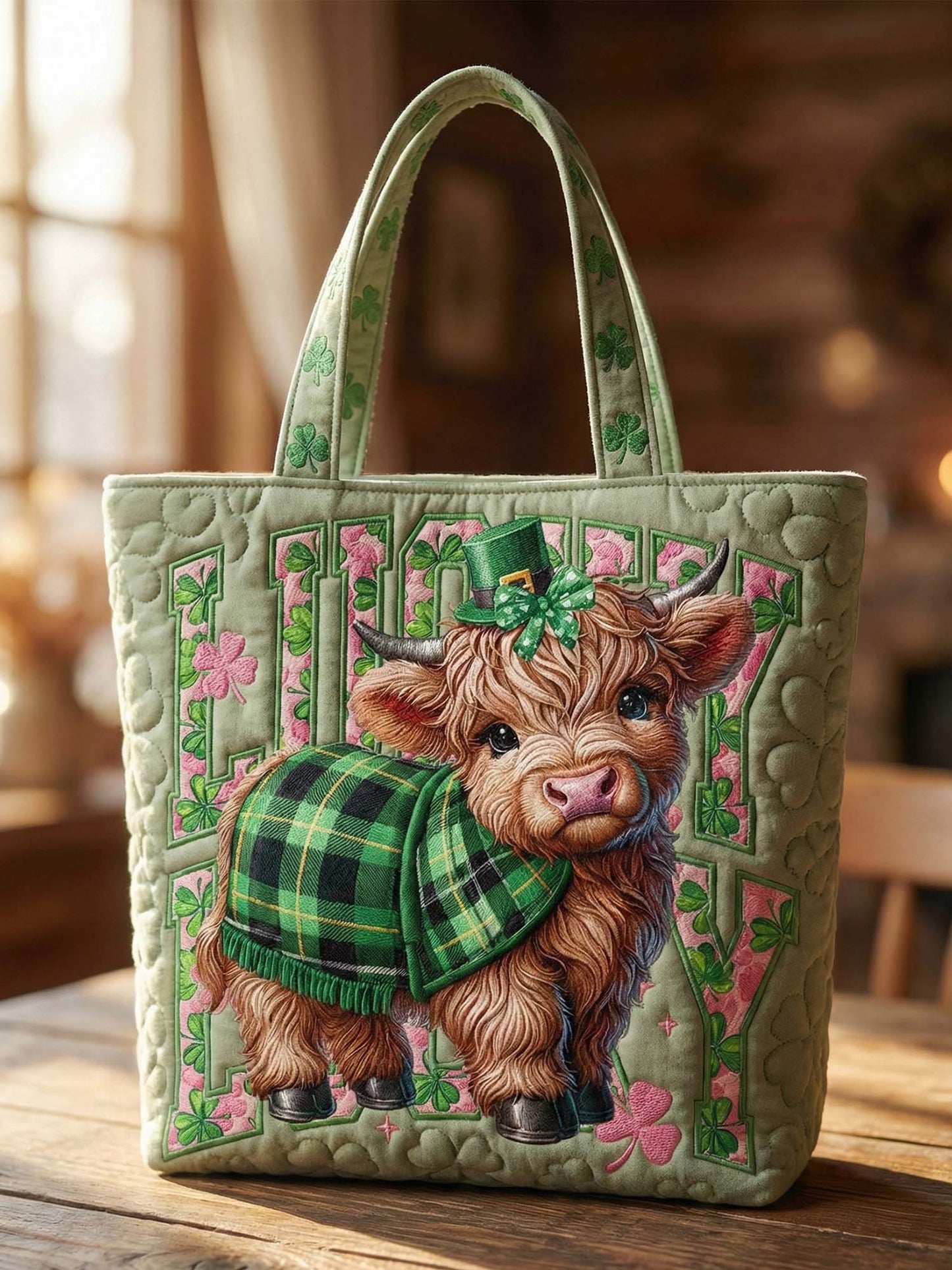 St. Patrick's Day Irish Shamrock Highland Cow Quilted Tote Bag