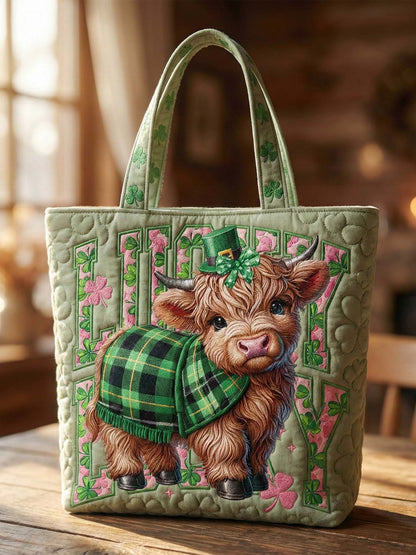 St. Patrick's Day Irish Shamrock Highland Cow Quilted Tote Bag