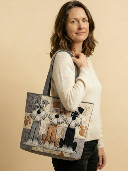 Playful Schnauzer Trio Quilted Tote Bag